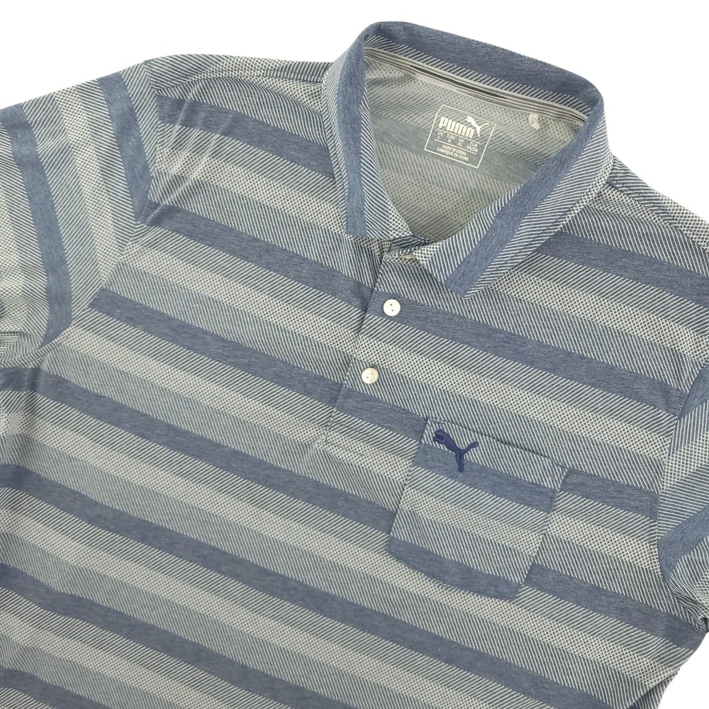Puma Polo Shirt Mens L Blue Stripe Golf‎ Performance Lightweight Stretch Top